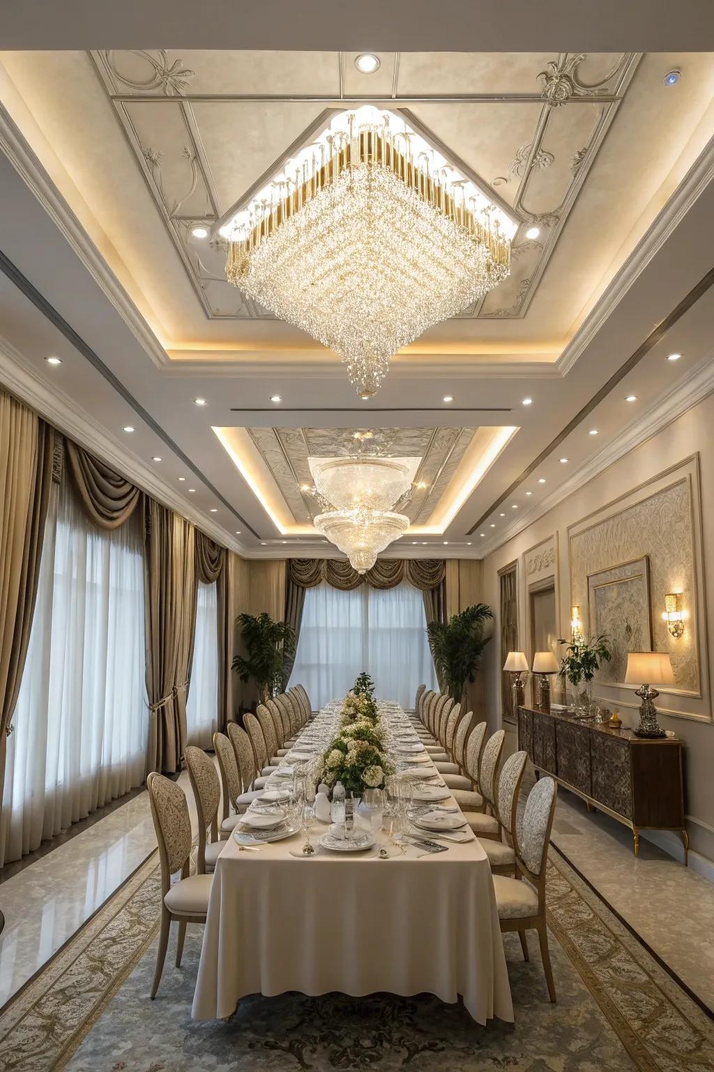 A luxurious dining space is beautifully illuminated by a crystal chandelier.
