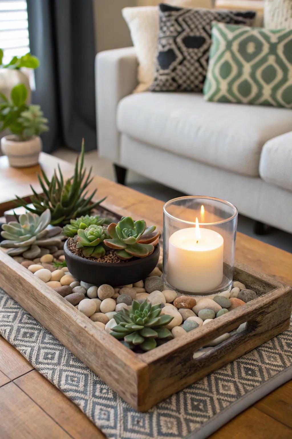 Invite the outdoors in with natural elements displayed on your tray.