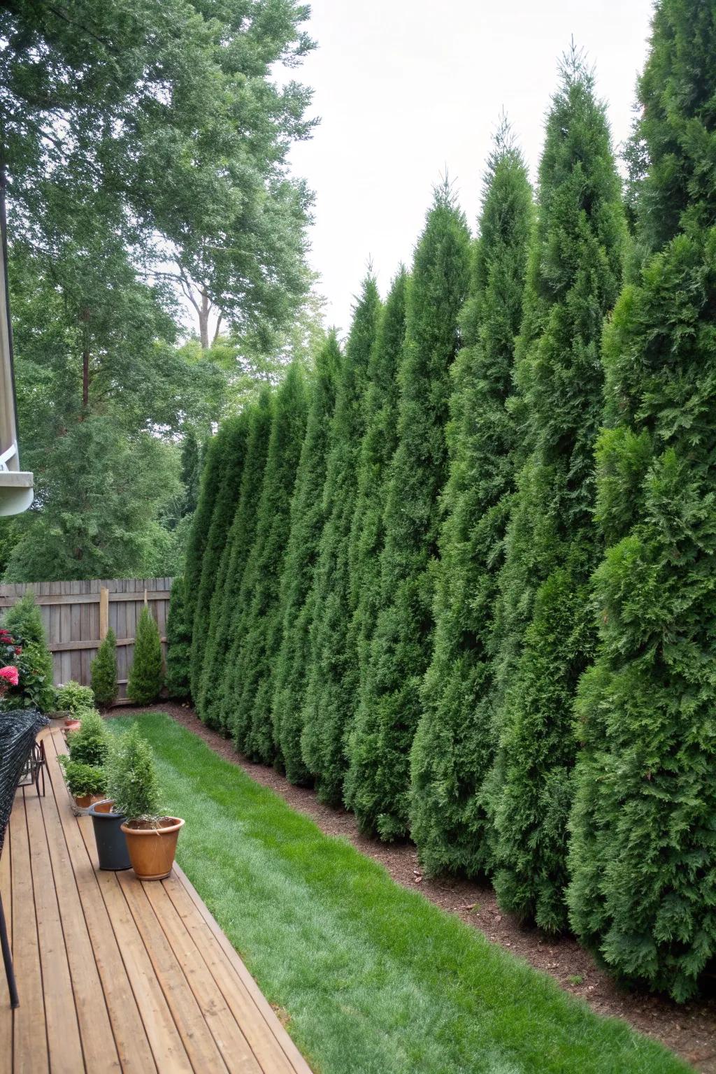 A dense GreenGuard barrier provides rich, year-round privacy.