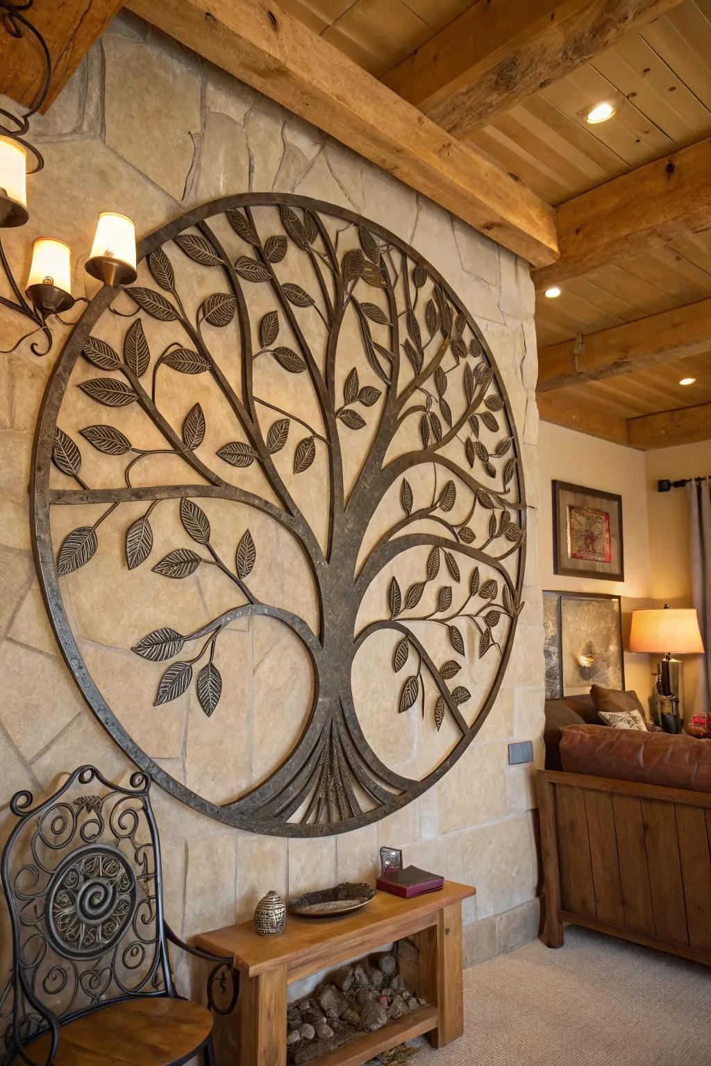 An exquisite metallic Arbor Vitae wall sculpture embellishes a country-style living room.
