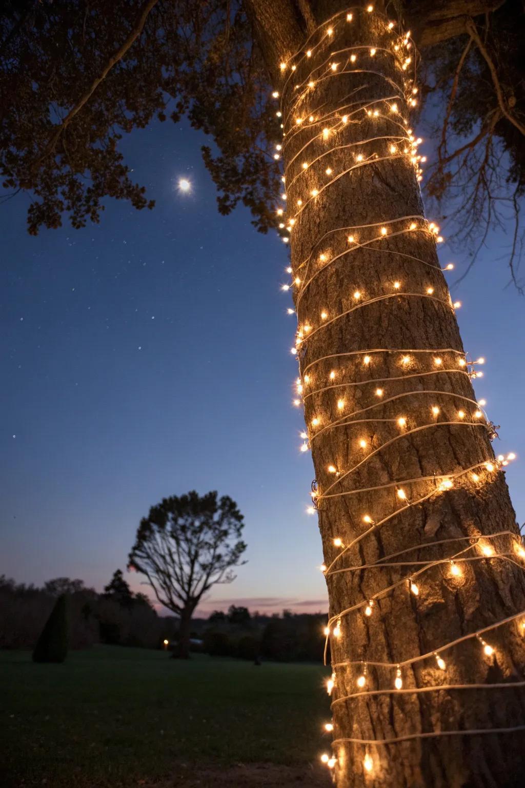 Strand lights enveloped around a tree trunk evoke a captivating ambiance.