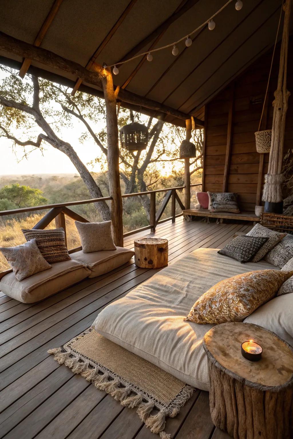 A cozy sitting area within a treehouse, complete with soft cushions and bright pillows for the highest relaxation.