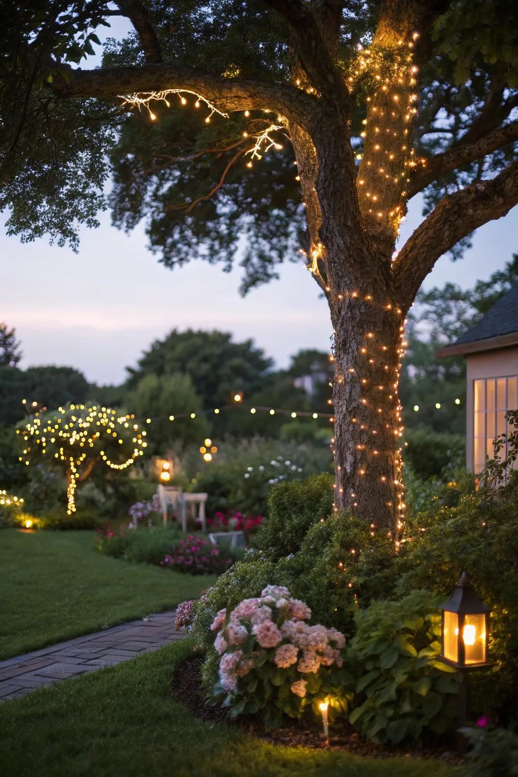 A tree decorated with pixie lights, resulting in an enchanting garden getaway.