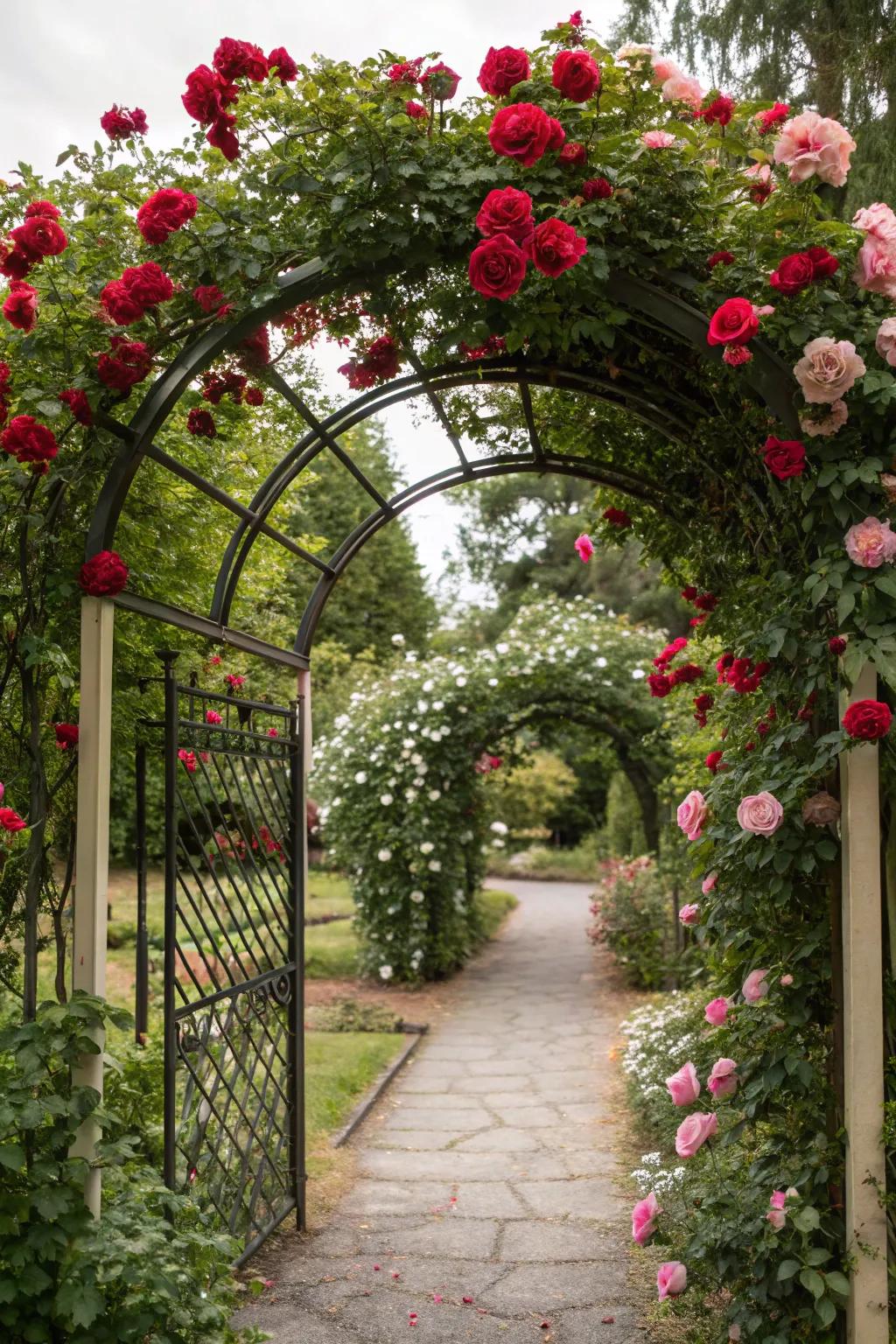 Design a romantic garden entrance with an arched trellis.
