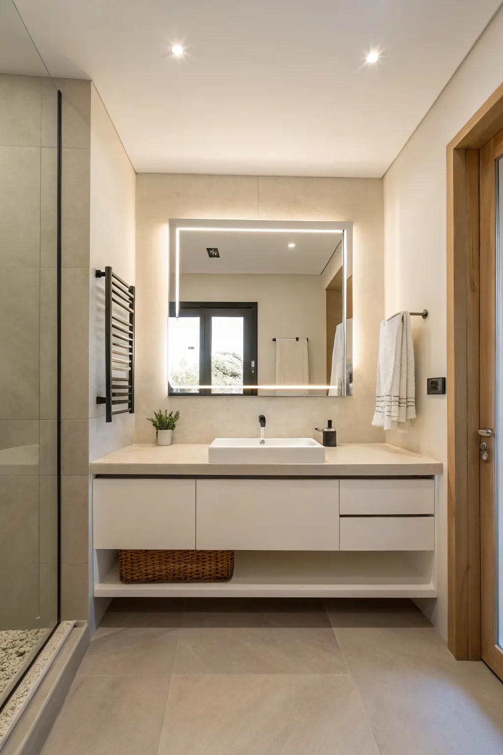 A minimalist bathroom featuring a wall-mounted vanity for a streamlined, modern aesthetic.