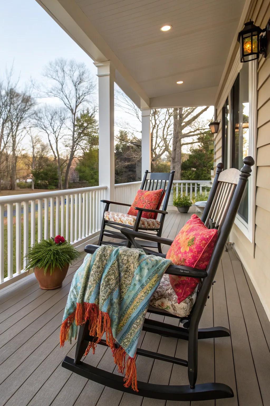 Design a cozy spot with rocking seats and bright cushions.