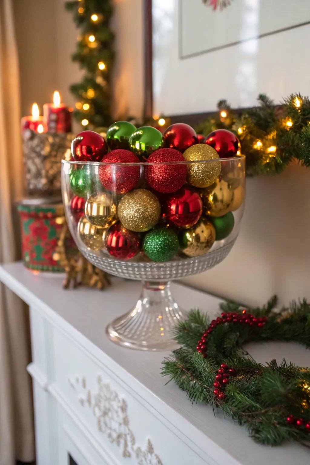 A trifle bowl radiating holiday joy with its colorful ornaments.