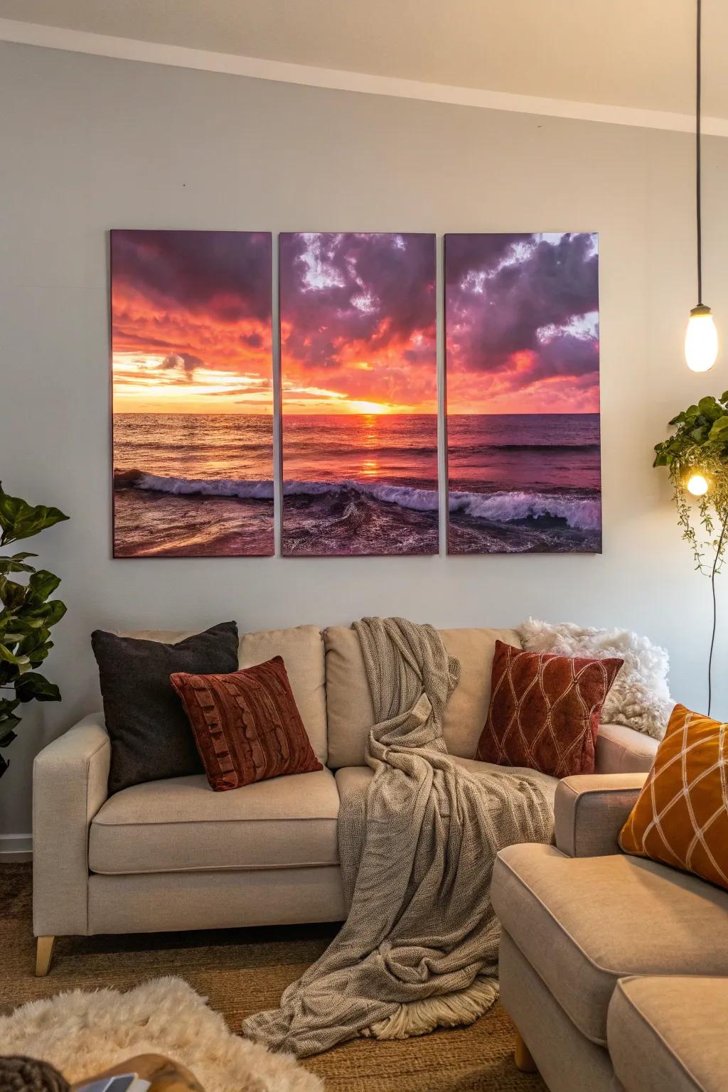 A triptych capturing the serene beauty of an ocean sunset.