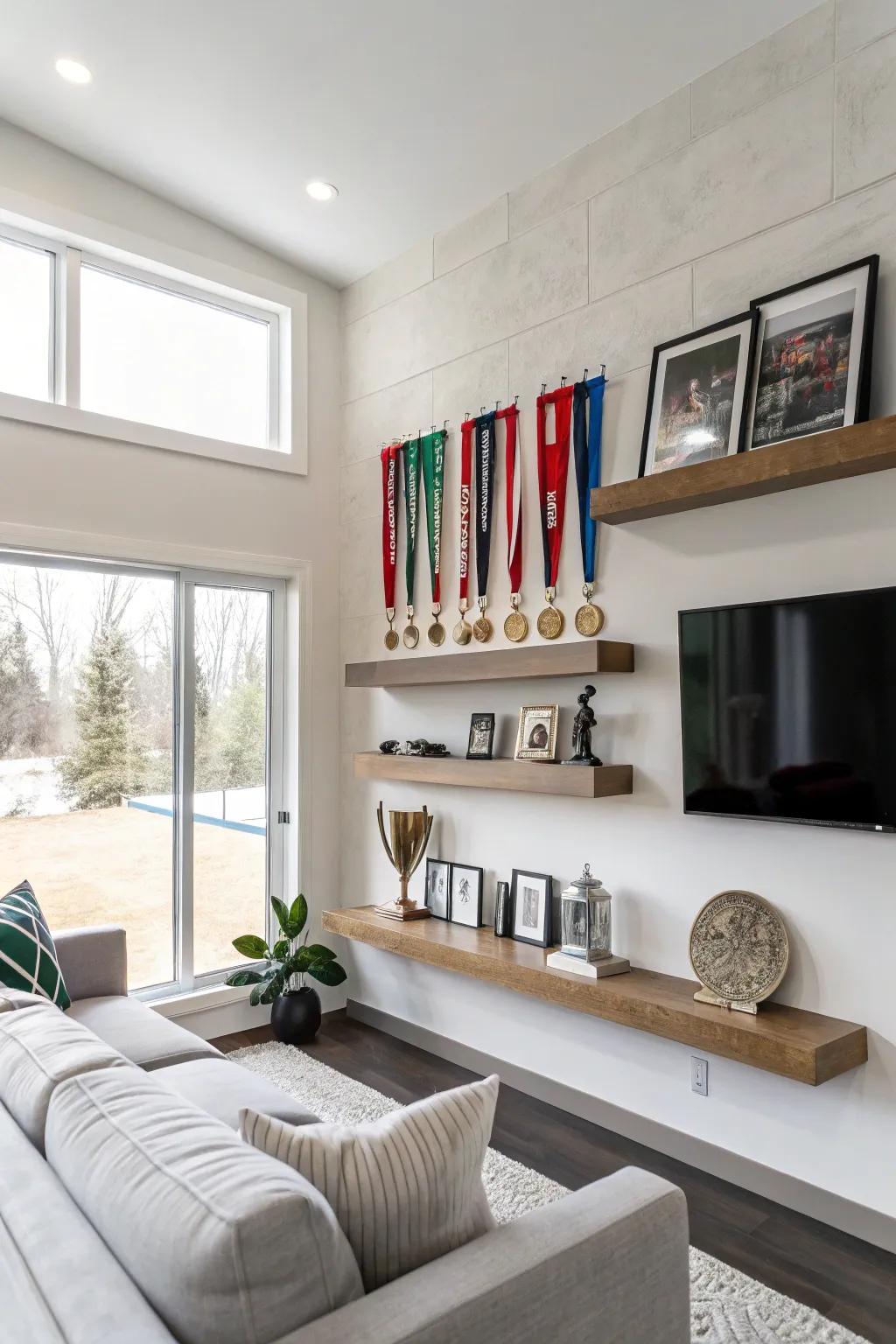 Modern sleek shelves displaying awards