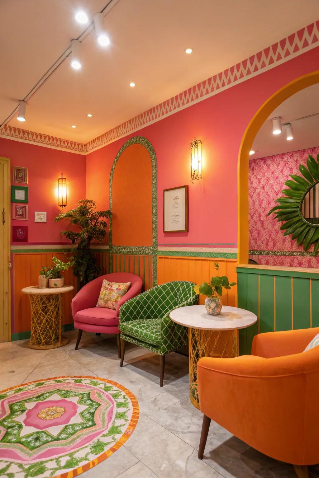 A burst of vibrant colors infuses this room with an energetic tropical vibe.