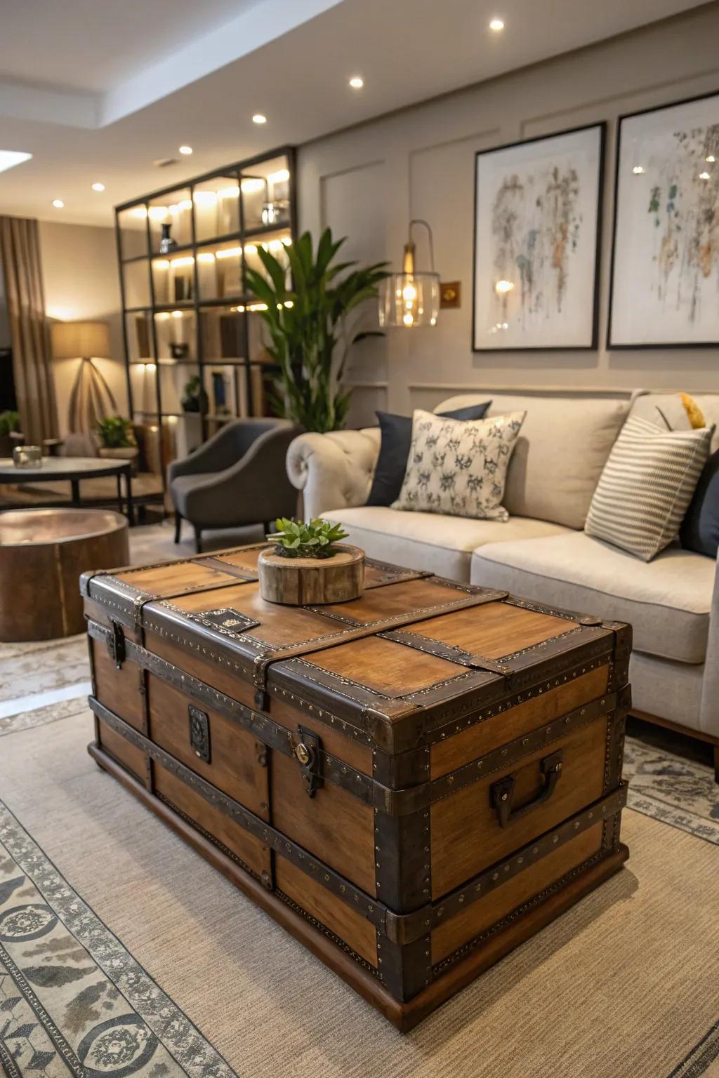 A vintage chest is repurposed into an elegant center table, enhancing the living room's appeal.
