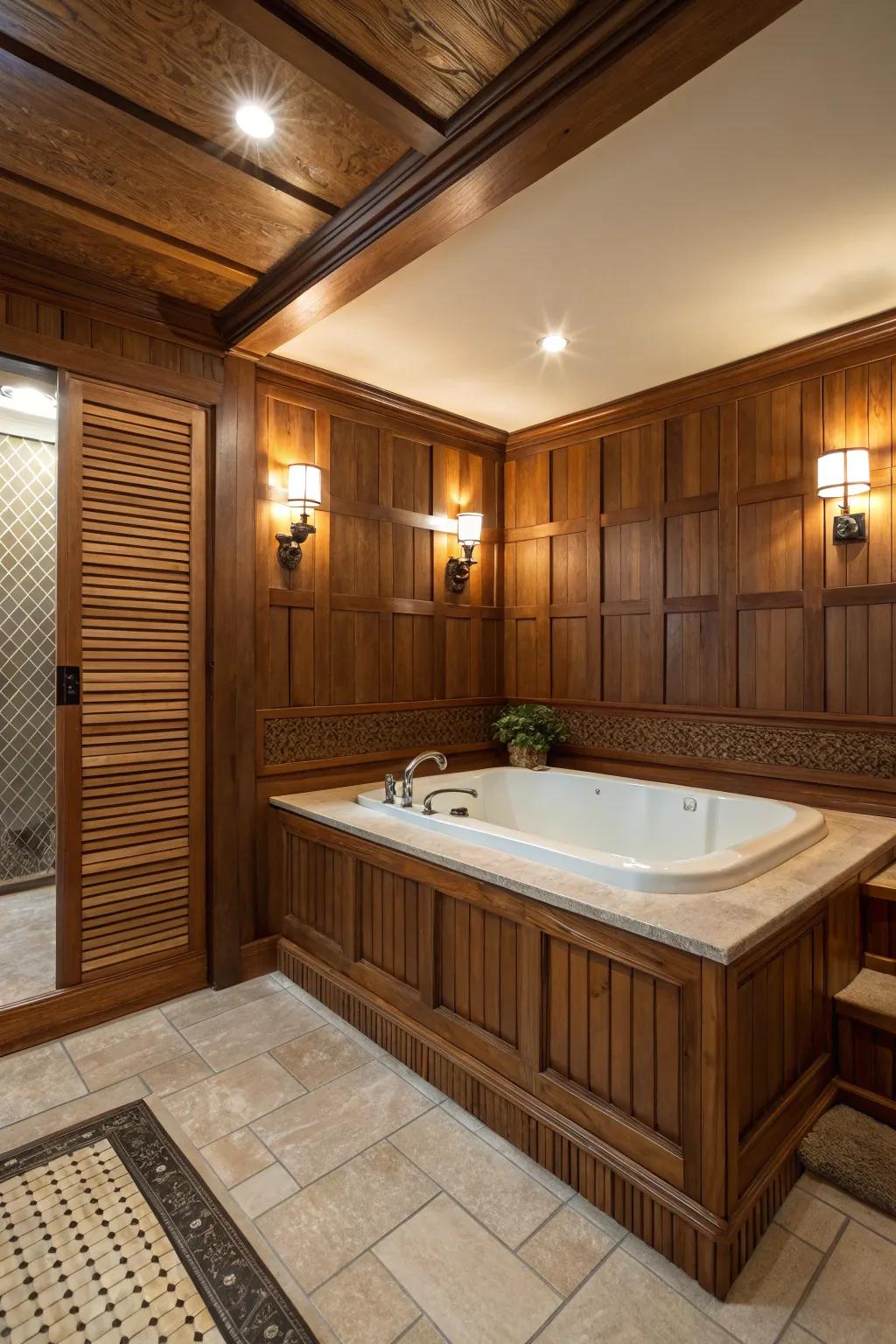 A bath surround featuring organic wood details, radiating a welcoming and snug vibe.