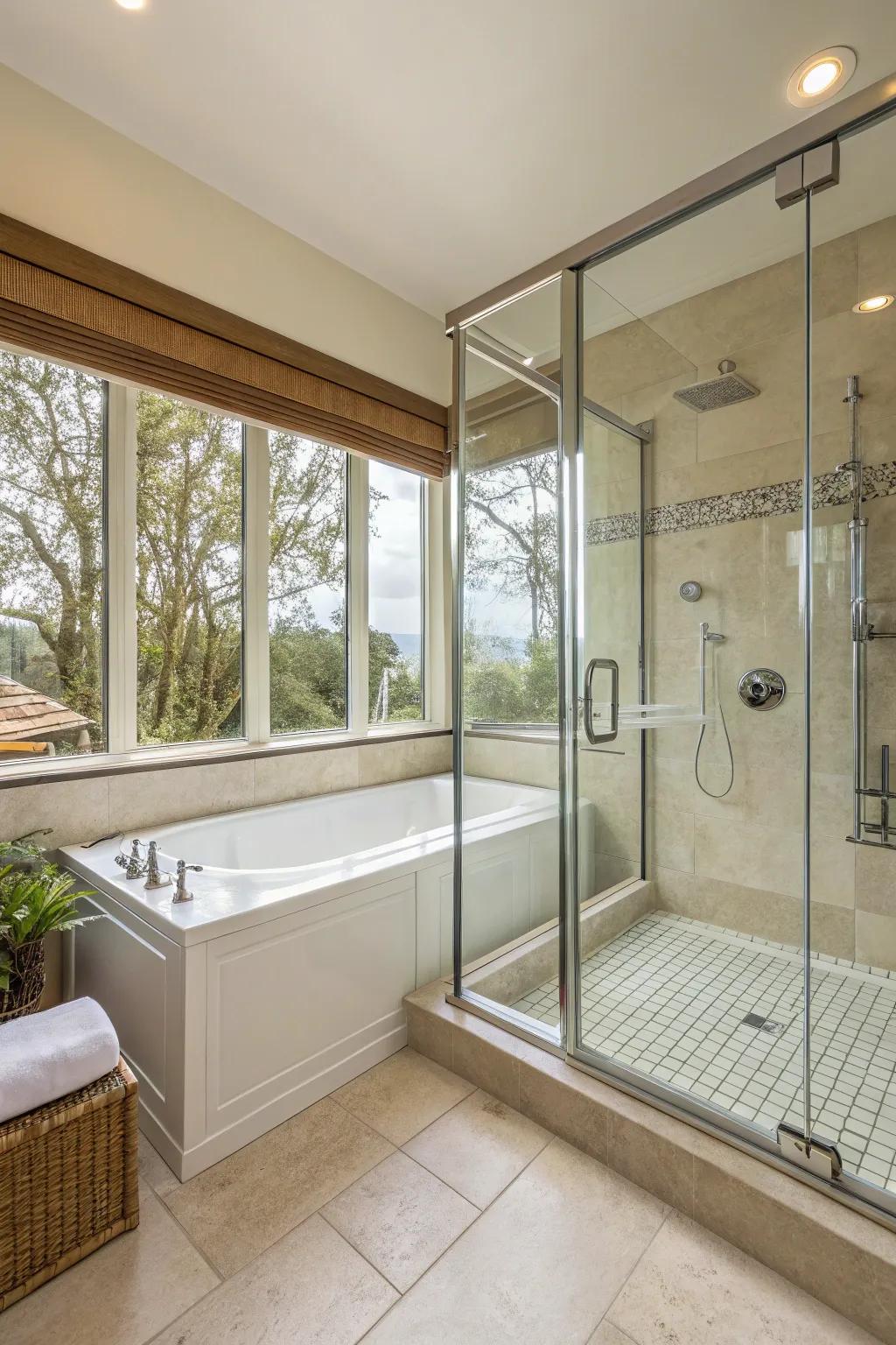 Transparent glass dividers create a spacious feel in this tub and shower setup.