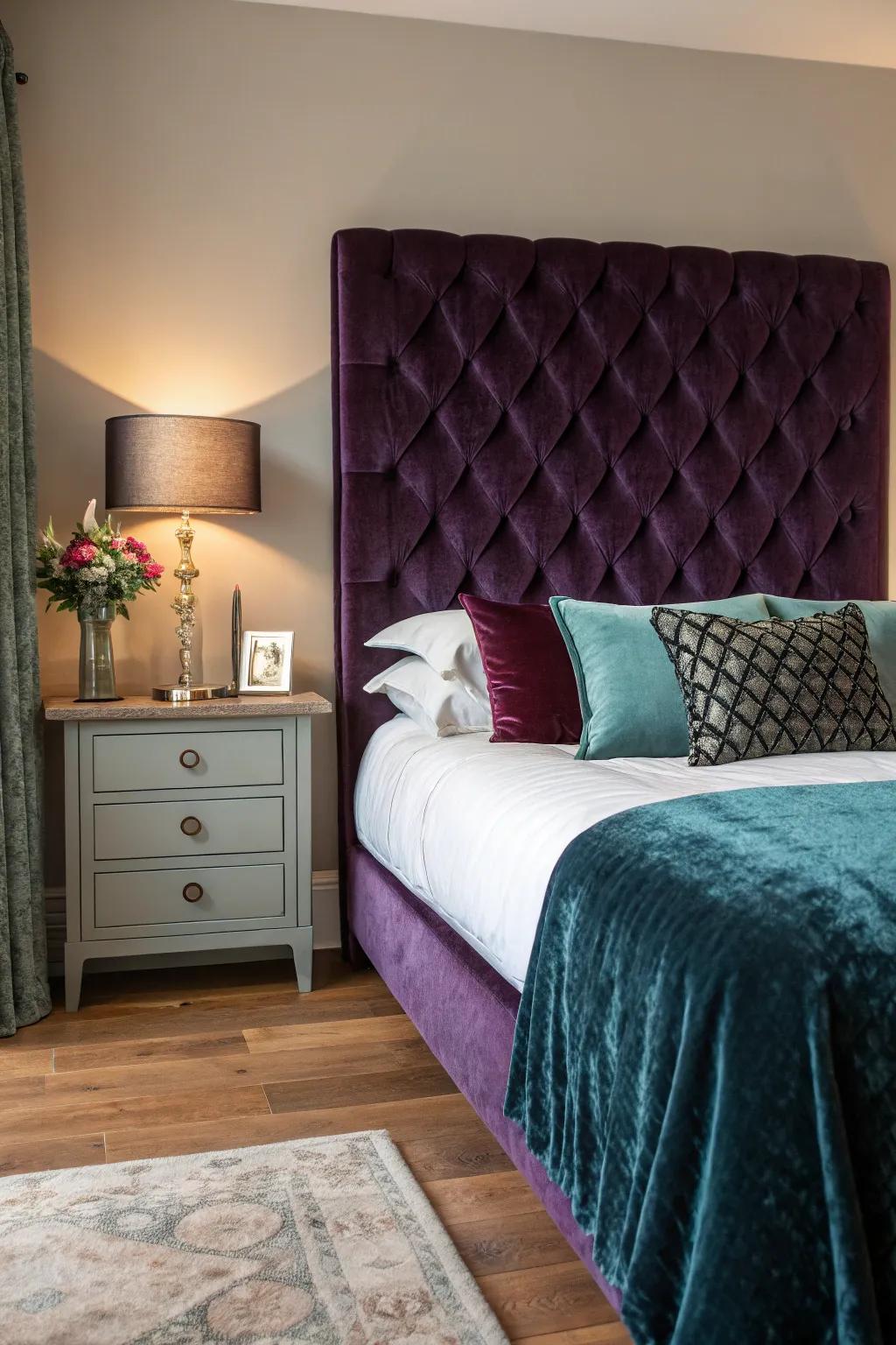 A sumptuous velvet tufted headboard in a modern bedroom setting.