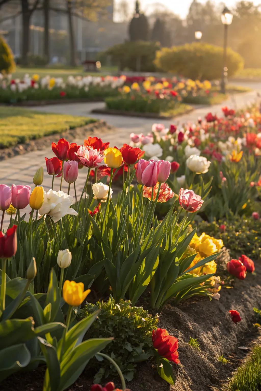 A lively blossom bed featuring a mix of colors, adding charm and vibrancy to the garden.