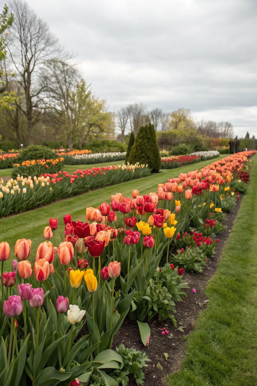 A garden bed brimming with dense clusters of vibrant tulips in various colors.