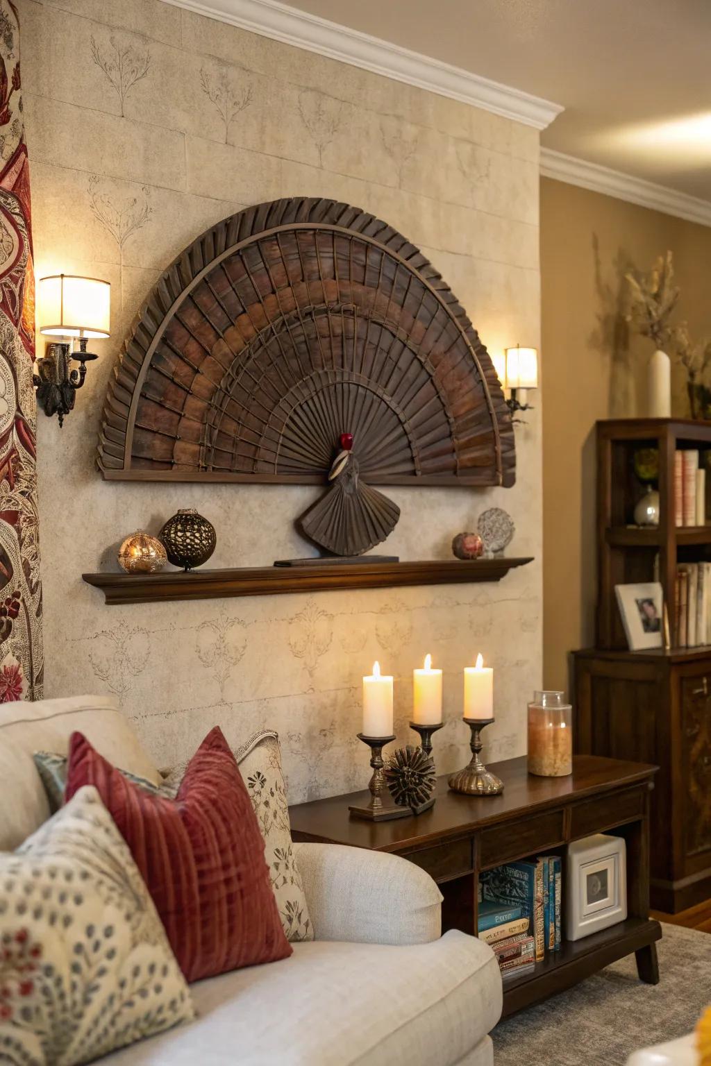 A turkey fan elegantly showcased on a traditional wooden display.