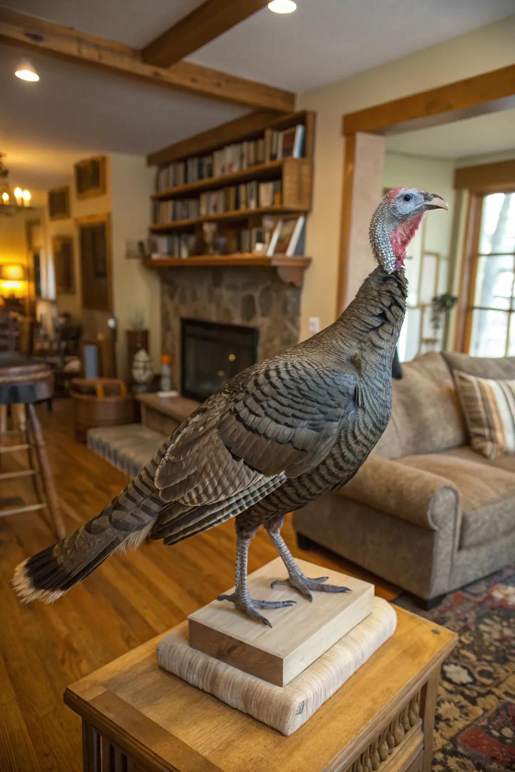 A full-bodied wildfowl presentation, elegantly posed in a comfortable living space with rustic accents.