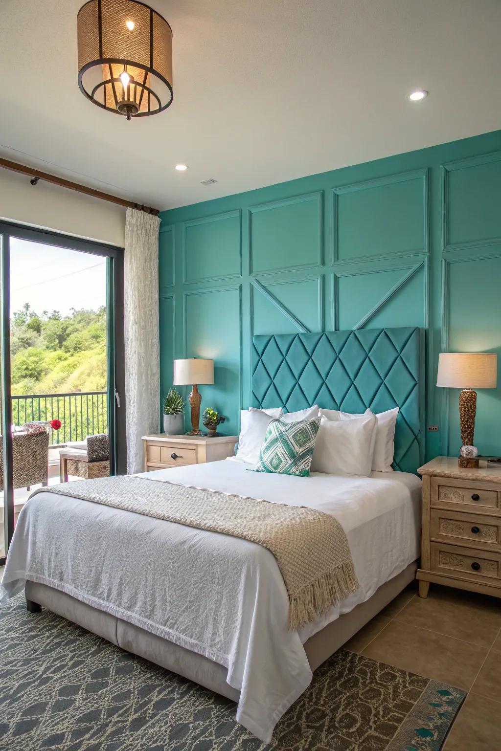 A turquoise accent wall brings a dynamic element to this tranquil bedroom.