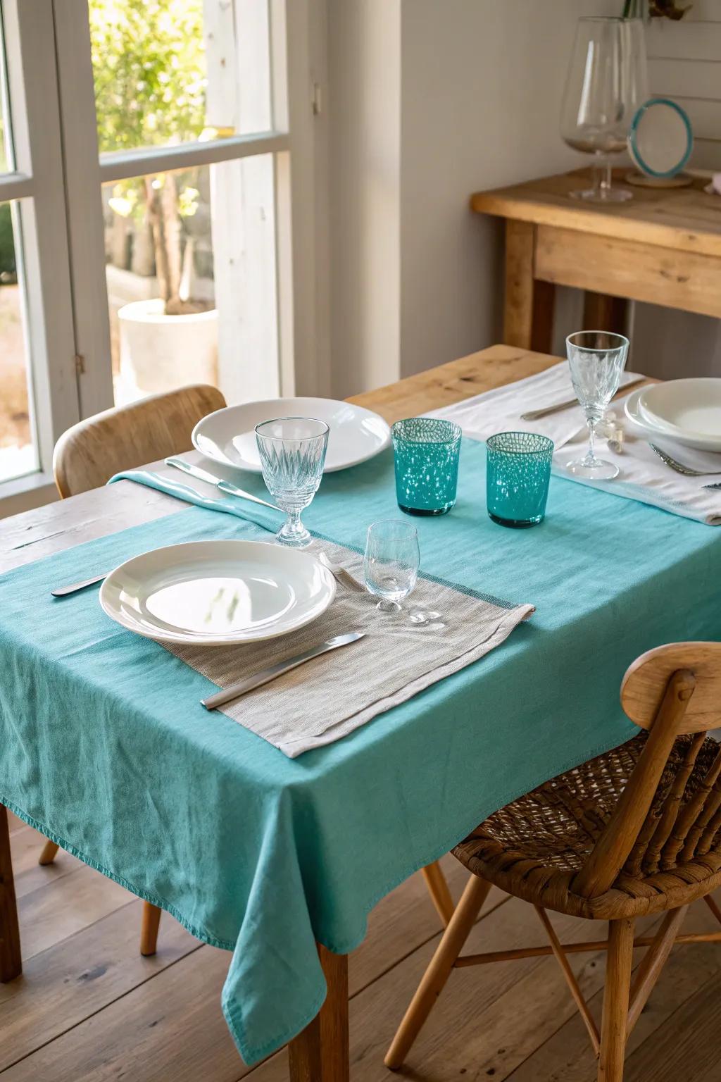 A turquoise tablecloth offers a lively base for your table's style.