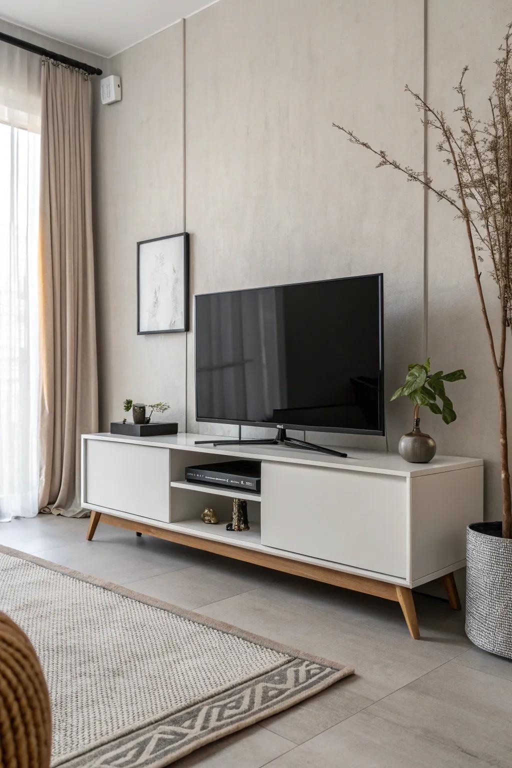 Minimalist TV stand decor featuring clean lines and soft colors.