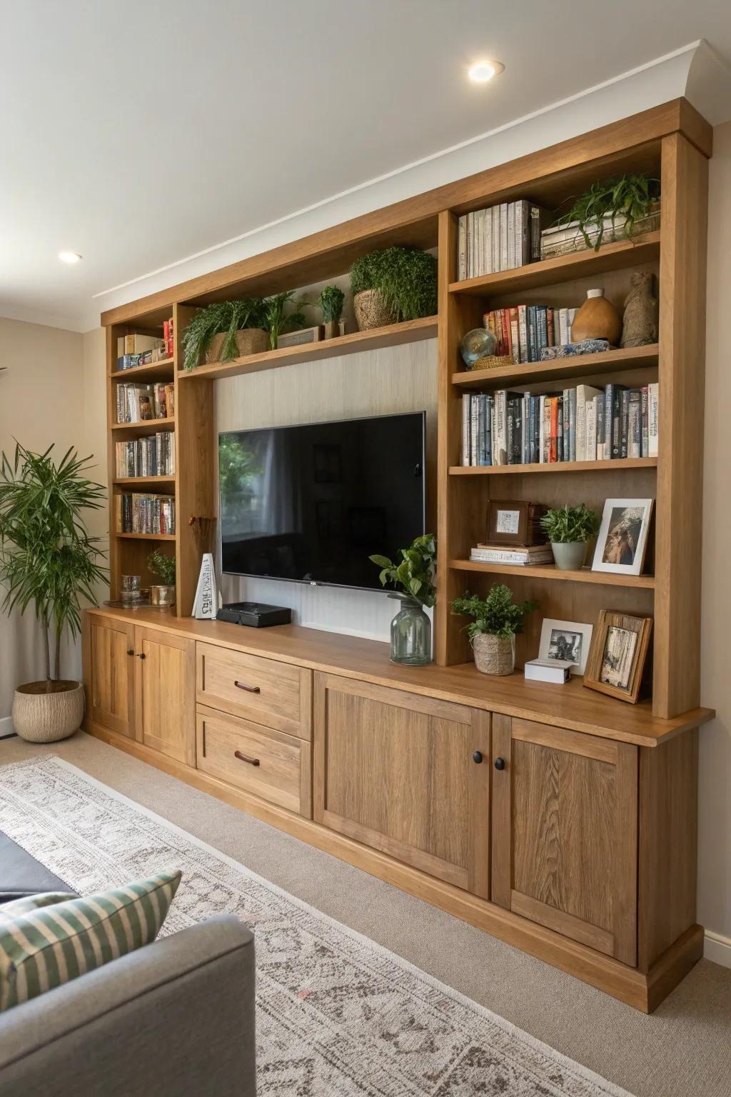 Integrated shelving brings sophistication and practicality to this TV wall.