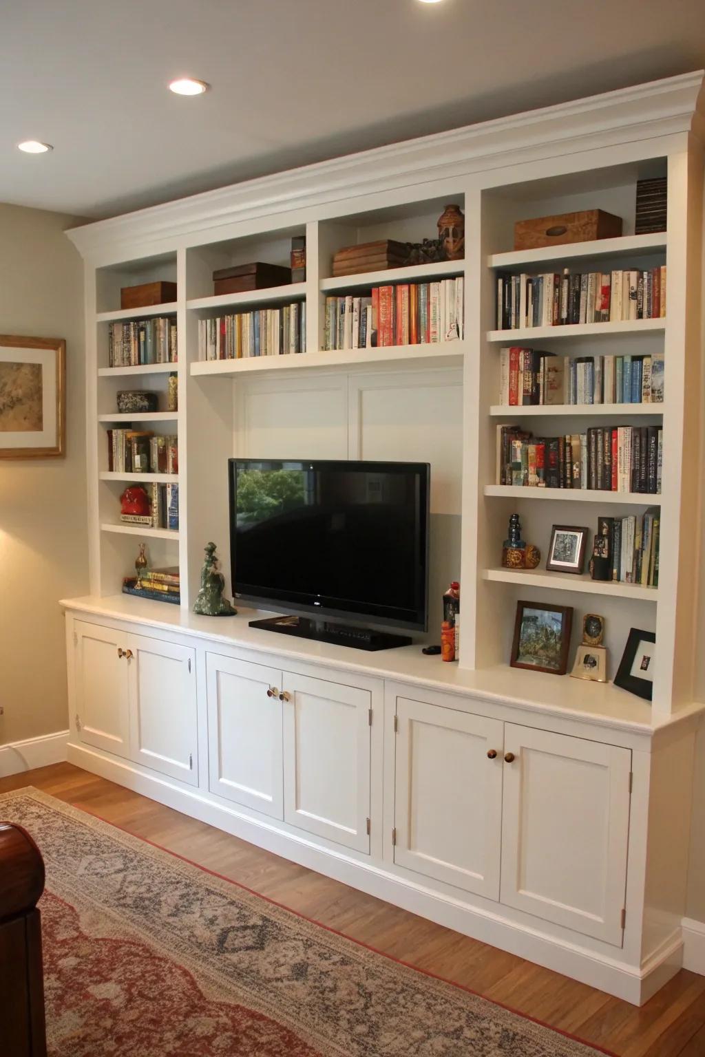 Custom shelving offers a streamlined and well-organized aesthetic.