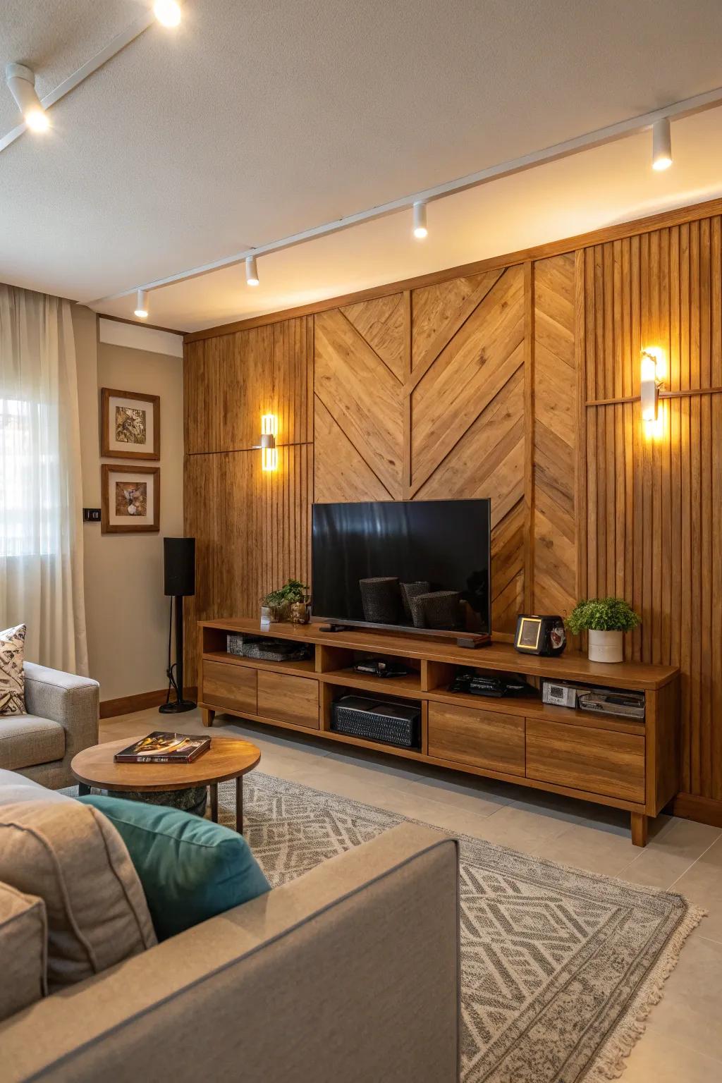 Upcycled wood panels bring a comforting, rustic appeal to this TV wall.