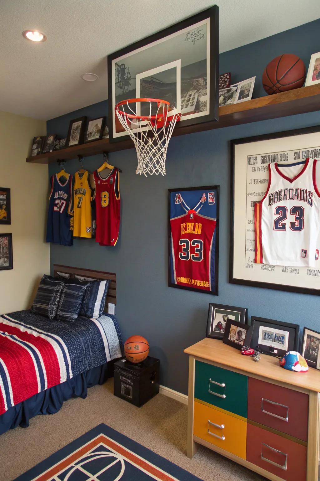 A sports-themed bedroom featuring a basketball net and various sports-related decorations.