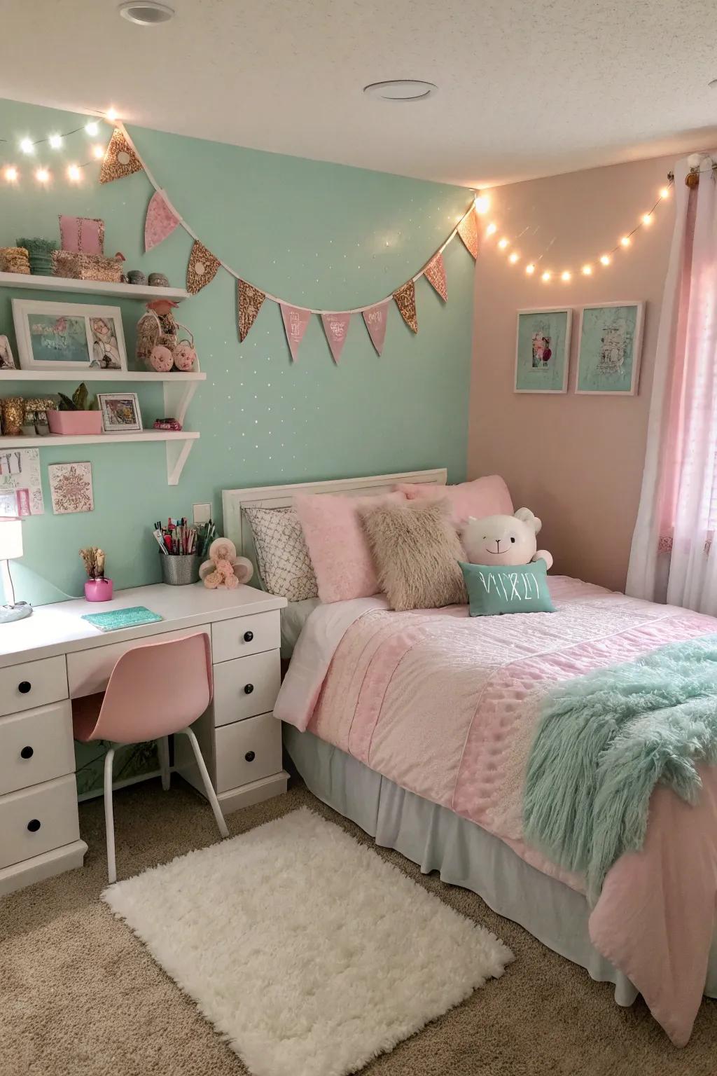 A pastel sanctuary featuring seafoam and rose quartz shades.