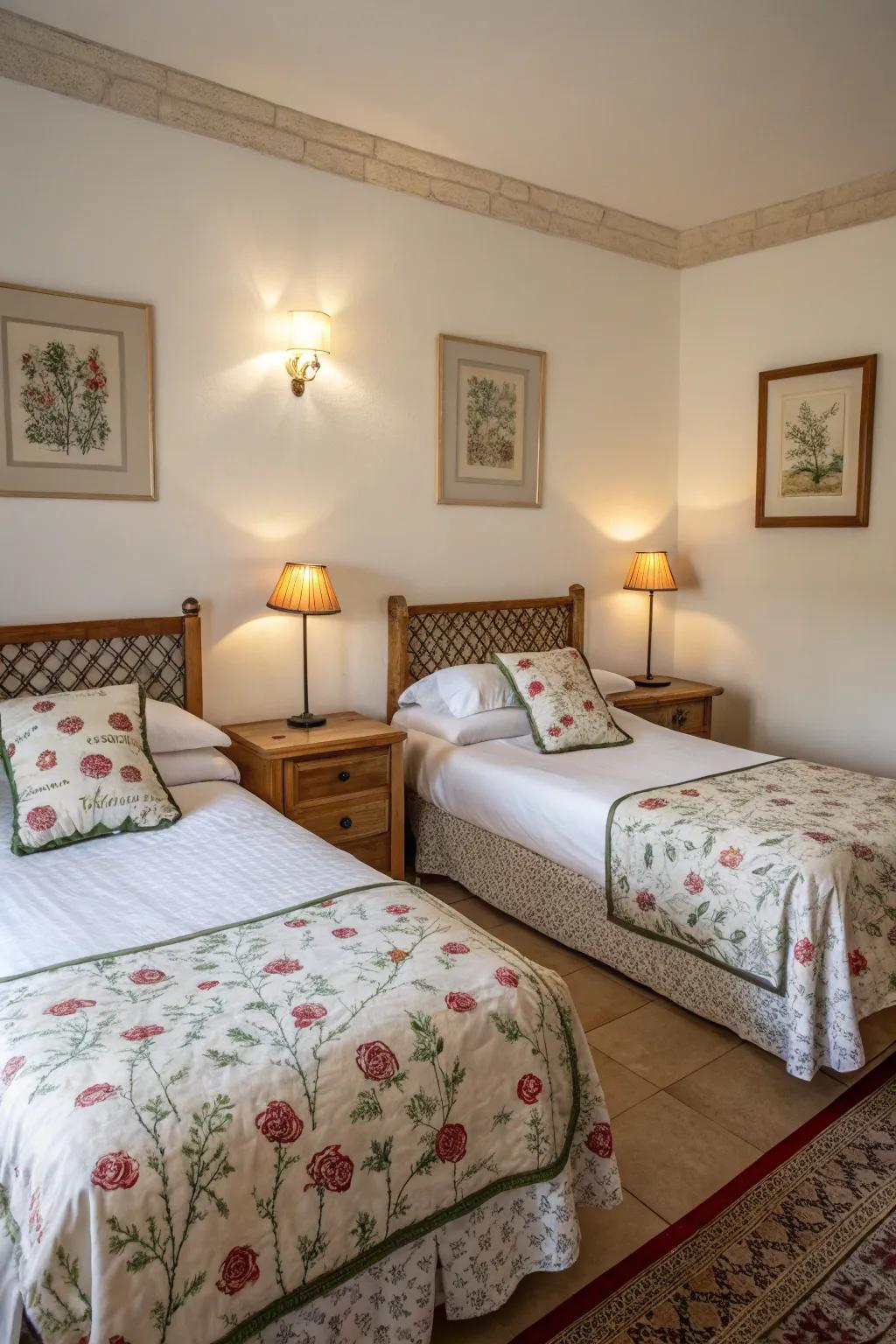 A symmetrical layout in a twin bedroom creates visual harmony.