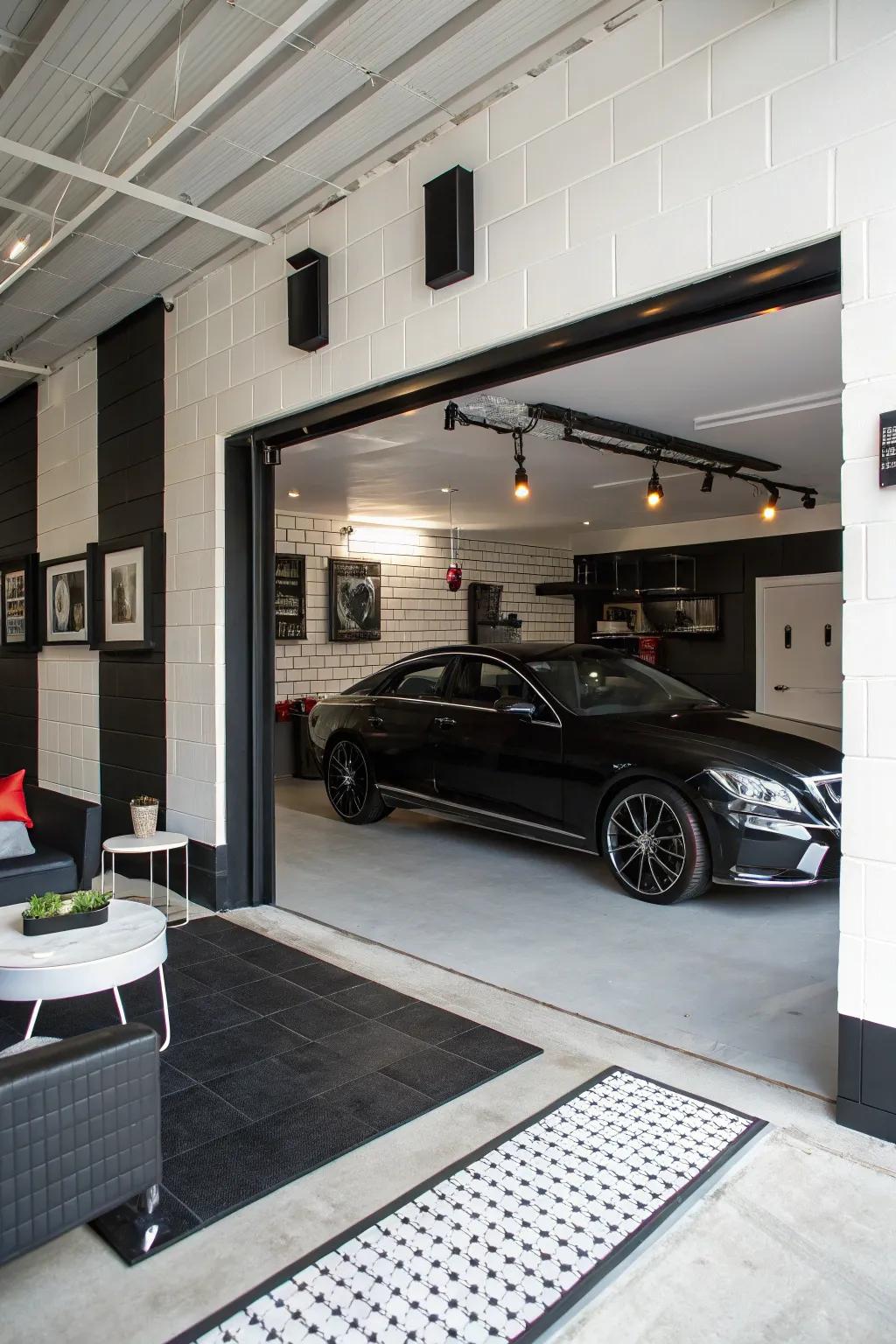A timeless black and white scheme elevates the sophistication of any garage.
