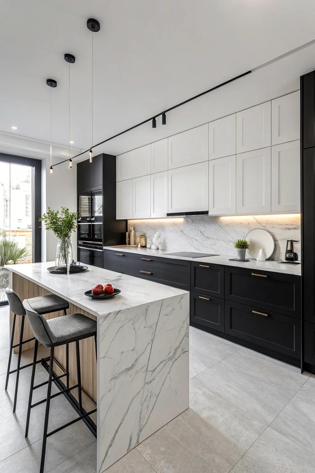 A sophisticated black and white kitchen with a timeless appeal.