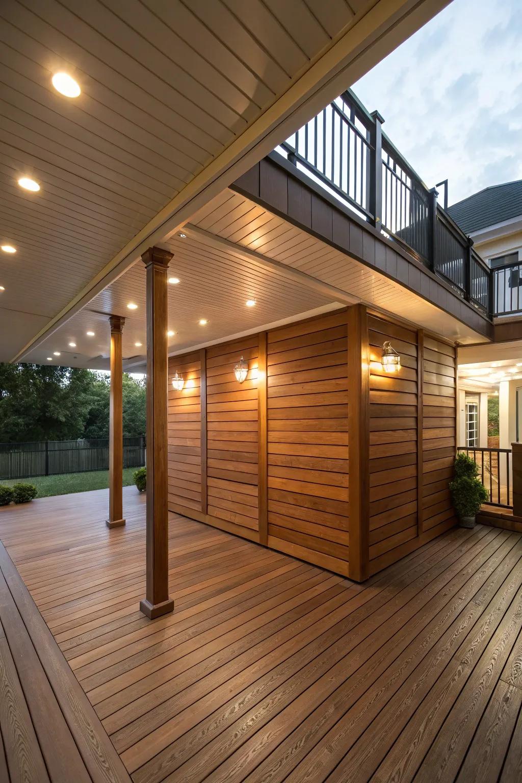 Timber panels offer a refined and orderly appearance for under-deck storage.