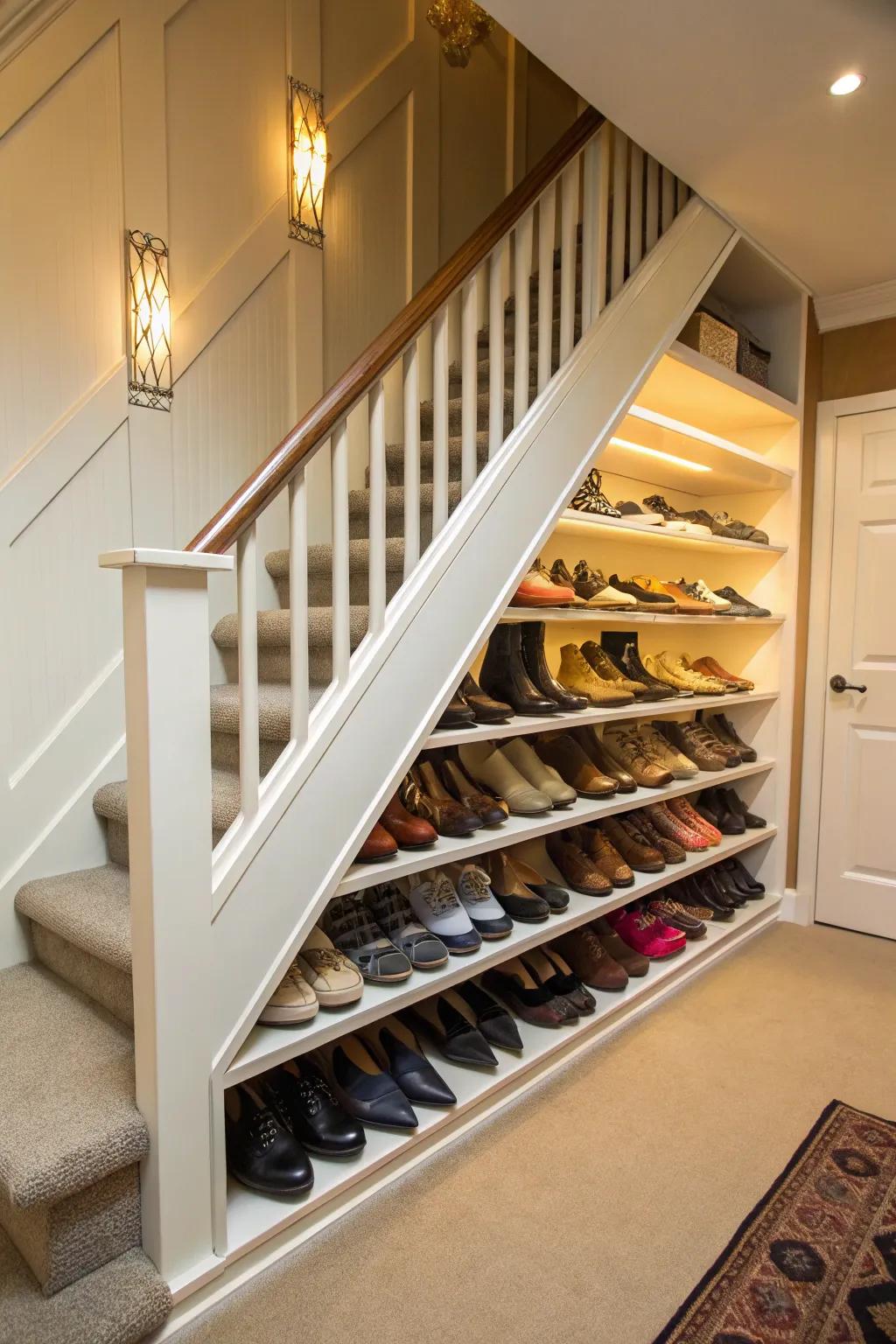 Use custom under-stair shelves to maximize shoe storage.