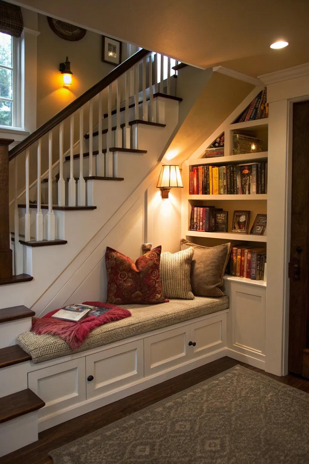 A comfortable reading area nestled under the stairs.