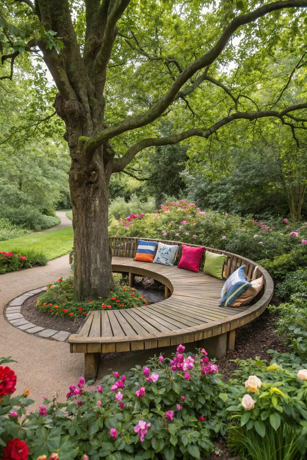 A timber bench embraces the tree, beckoning you to sit down and enjoy good company.