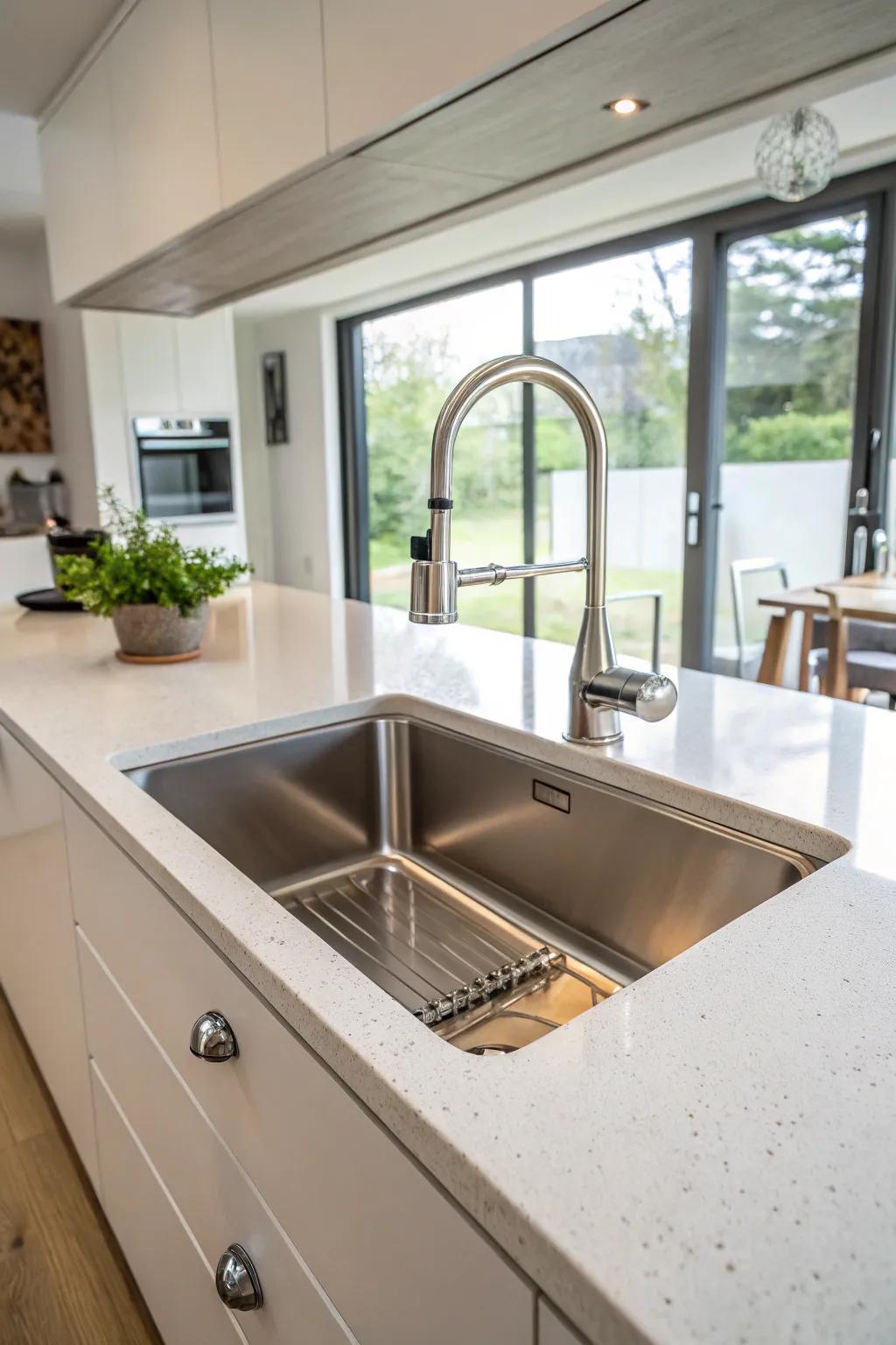 A metal undermount sink featured in a modern kitchen environment.