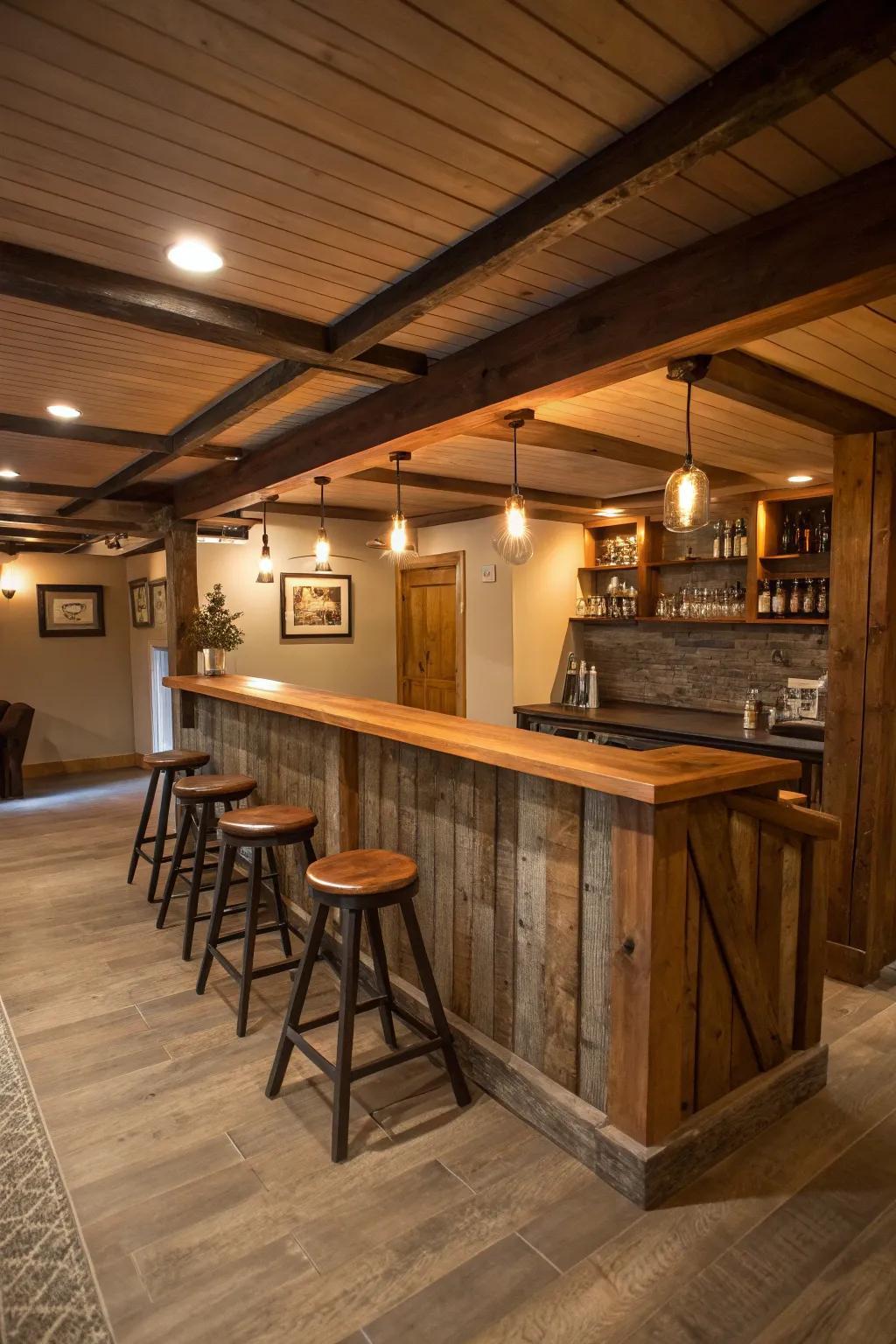 Using natural wood creates a cozy and welcoming bar in the basement.