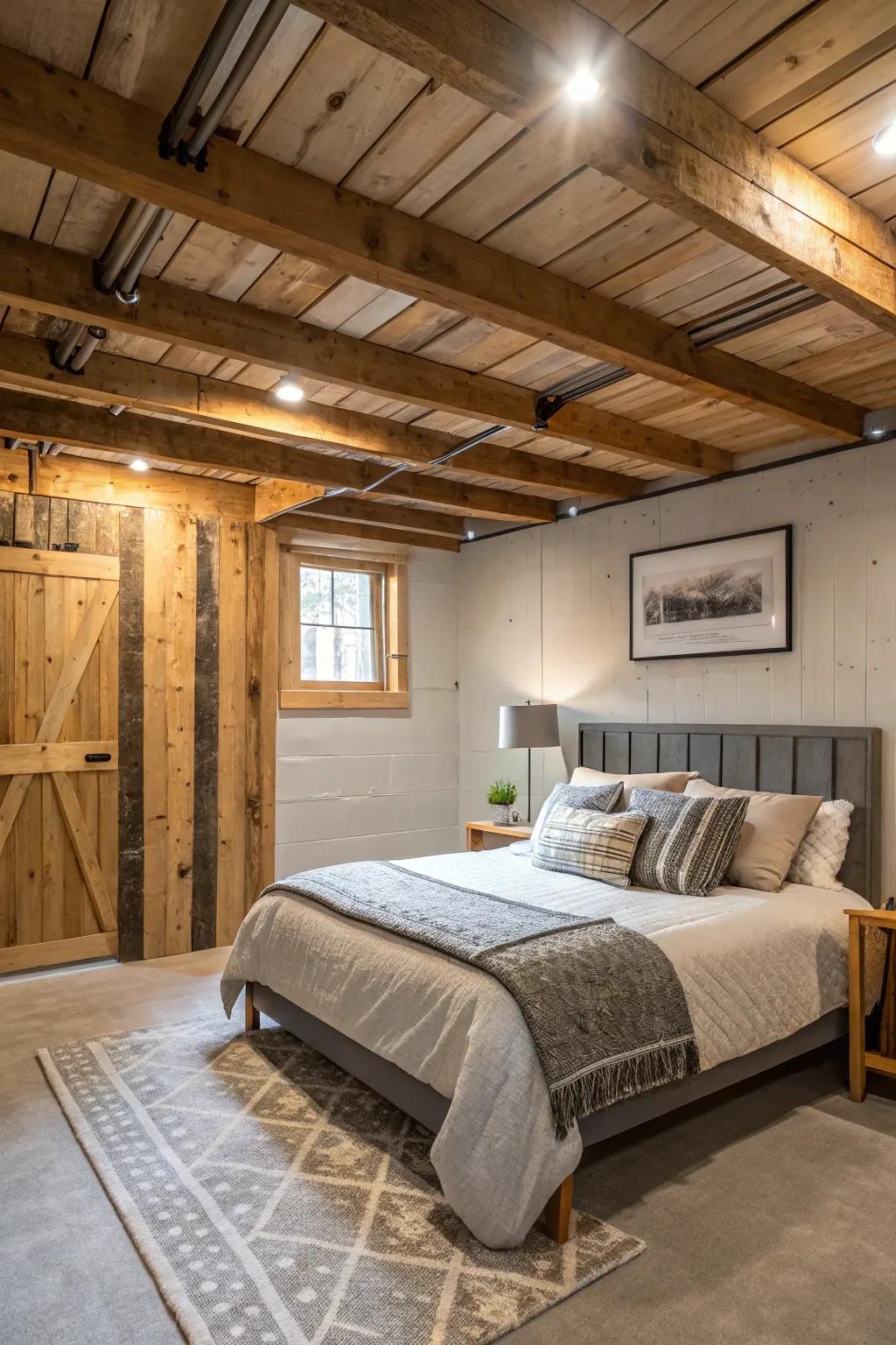 Open beams can give your basement bedroom a rustic appeal.