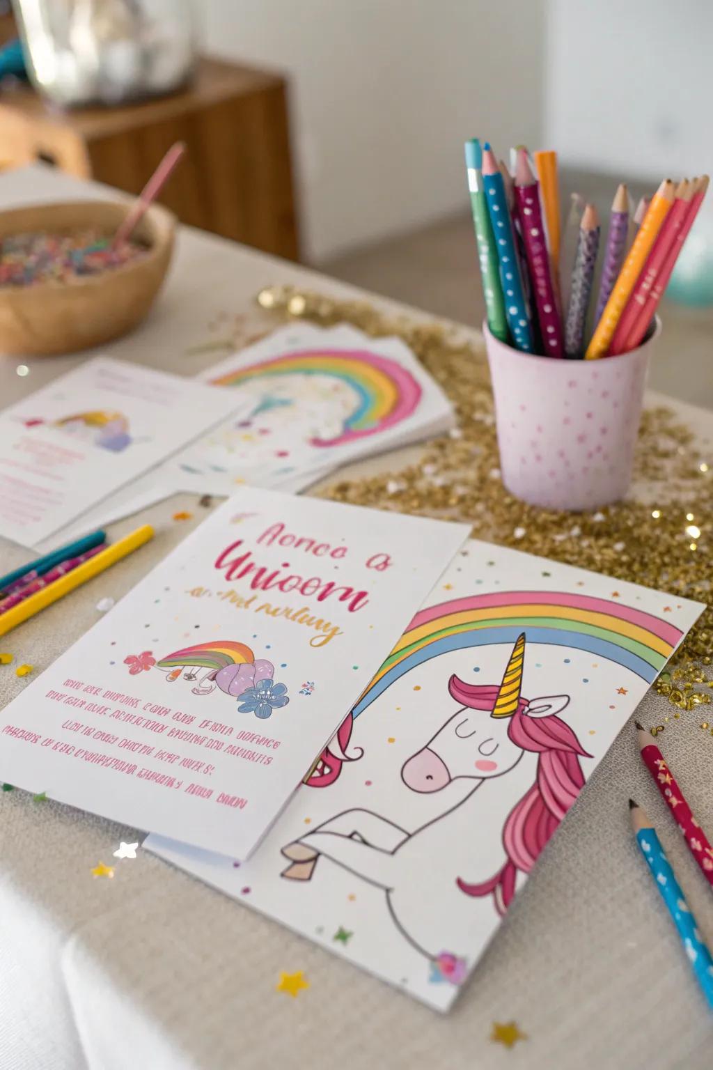 Lovingly crafted handmade unicorn invites brimming with creativity.