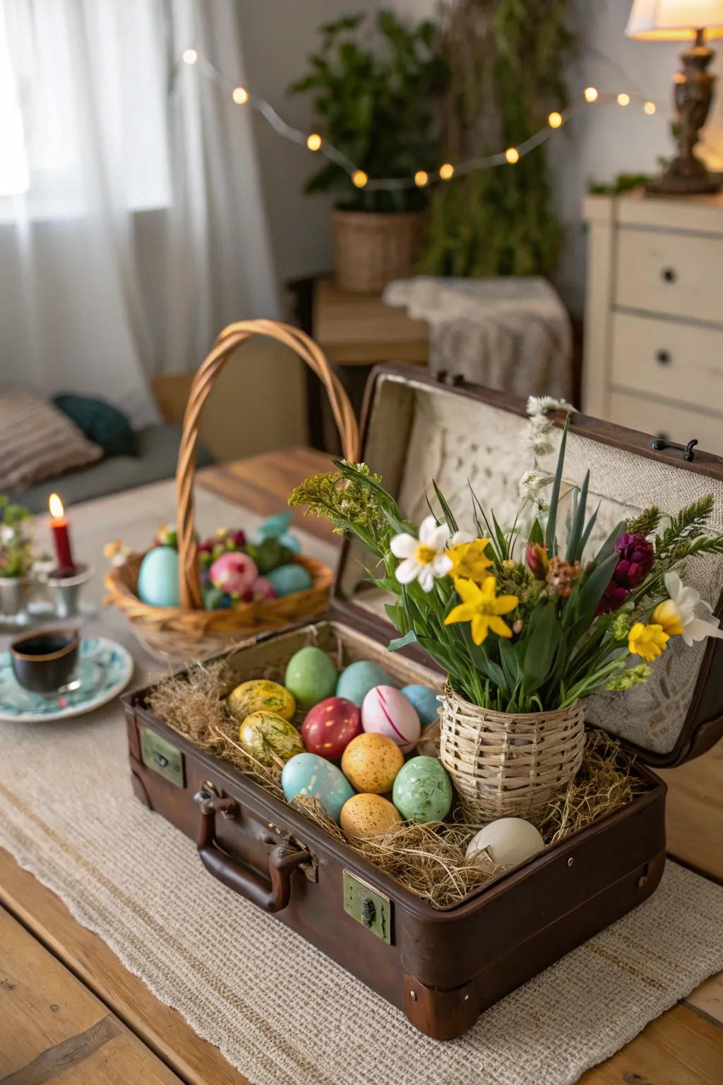 An antique valise transforms into a captivating Easter basket.