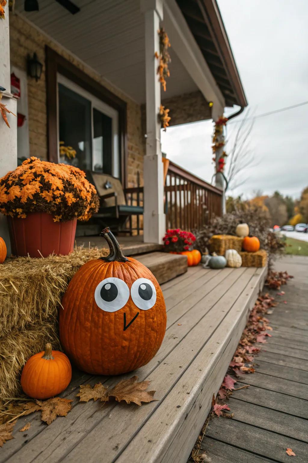 A pumpkin featuring animated eyes, bringing a touch of lightheartedness to the autumnal scene.