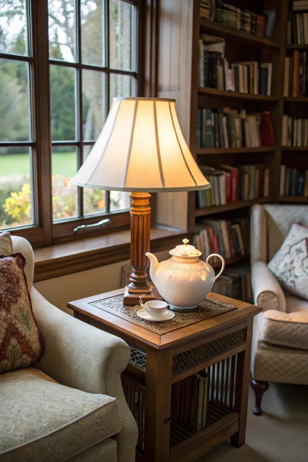 A playful kettle lamp for an inviting corner.