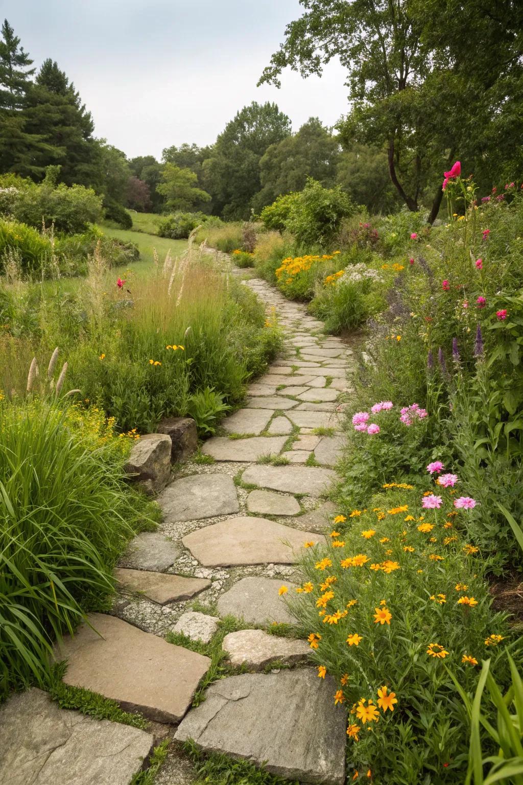 Unconventional stone pathways merge effortlessly with the landscape, infusing a hint of countryside charm.
