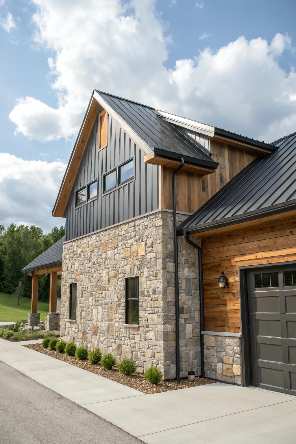 The exterior of a residence showcasing a one-of-a-kind combination of stone, wood, and metal siding.