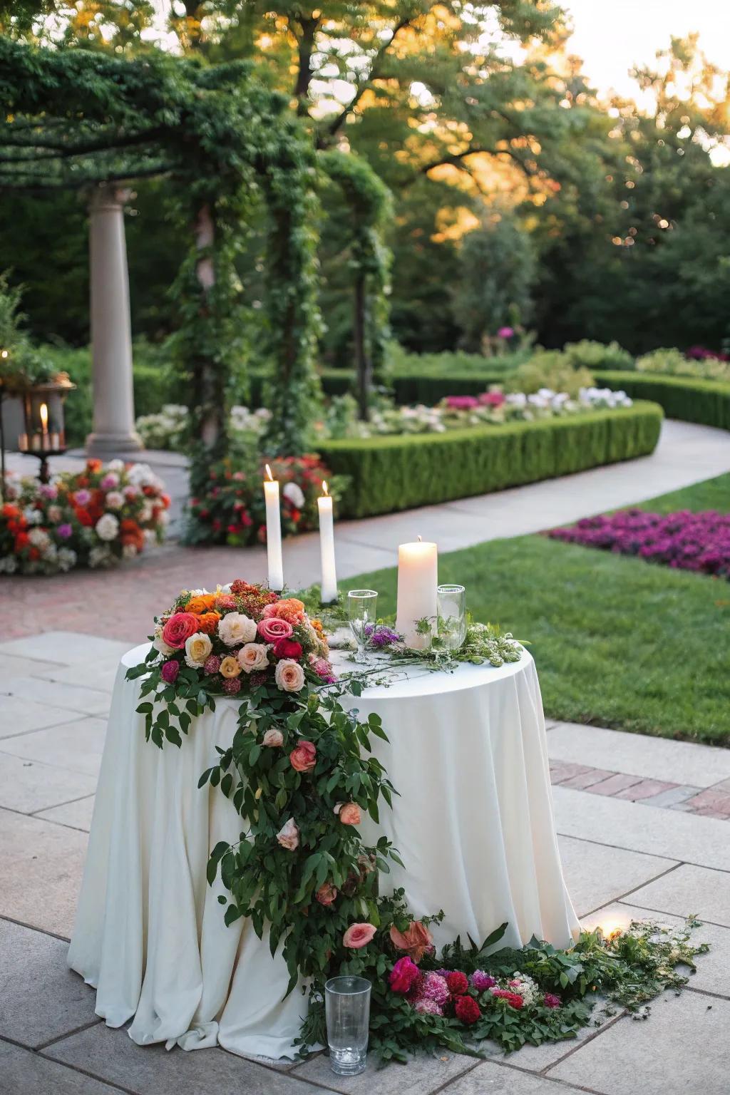 A unity candle table exquisitely adorned with lush greenery and vibrant flowers.