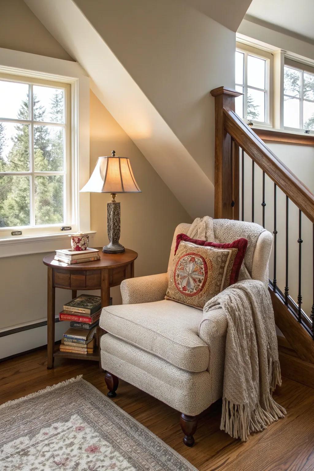 A welcoming reading nook on the upstairs landing promotes relaxation.
