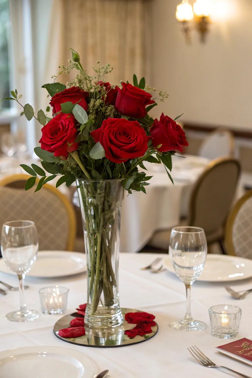 Classic scarlet roses inside a glass vase compose an ageless centerpiece.