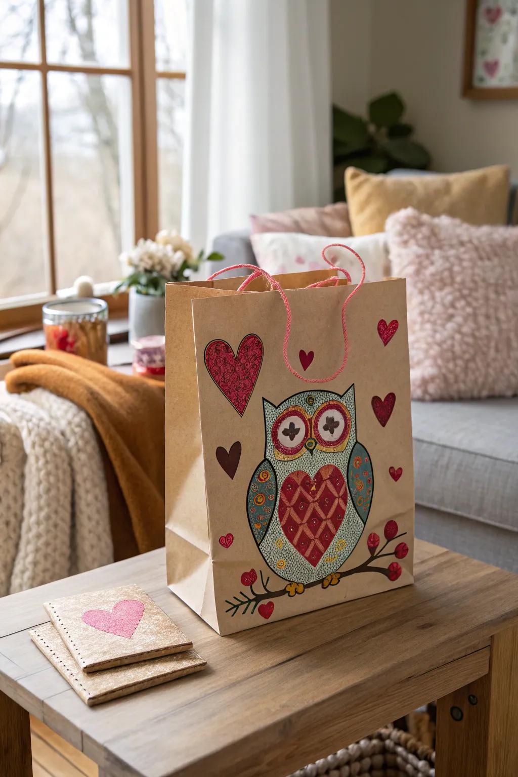 A charming gift bag for Valentine's Day featuring an owl.